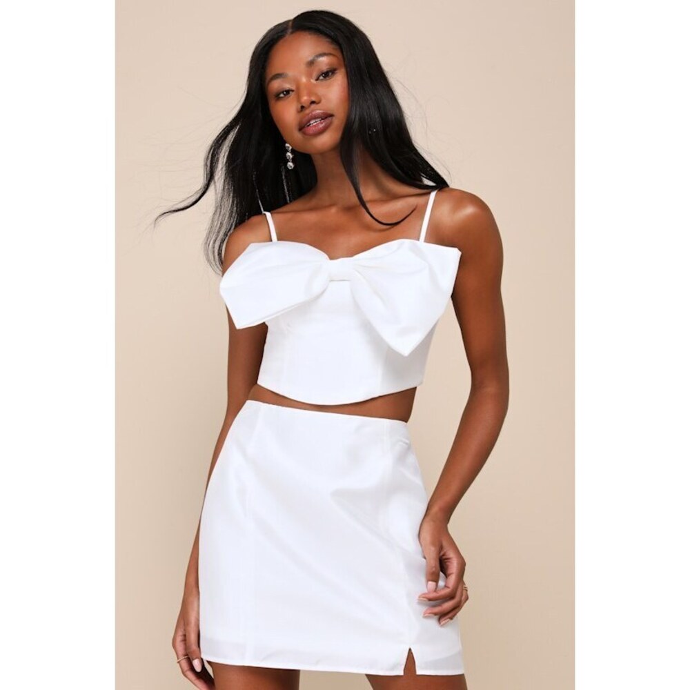Lulus Icon Alert White Satin Bow Two-piece Mini Dress - Size XS